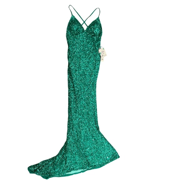 Vintage Scala Emerald Green Sequin Mermaid Formal Gown Evening Dress 6 Deadstock - Picture 1 of 4